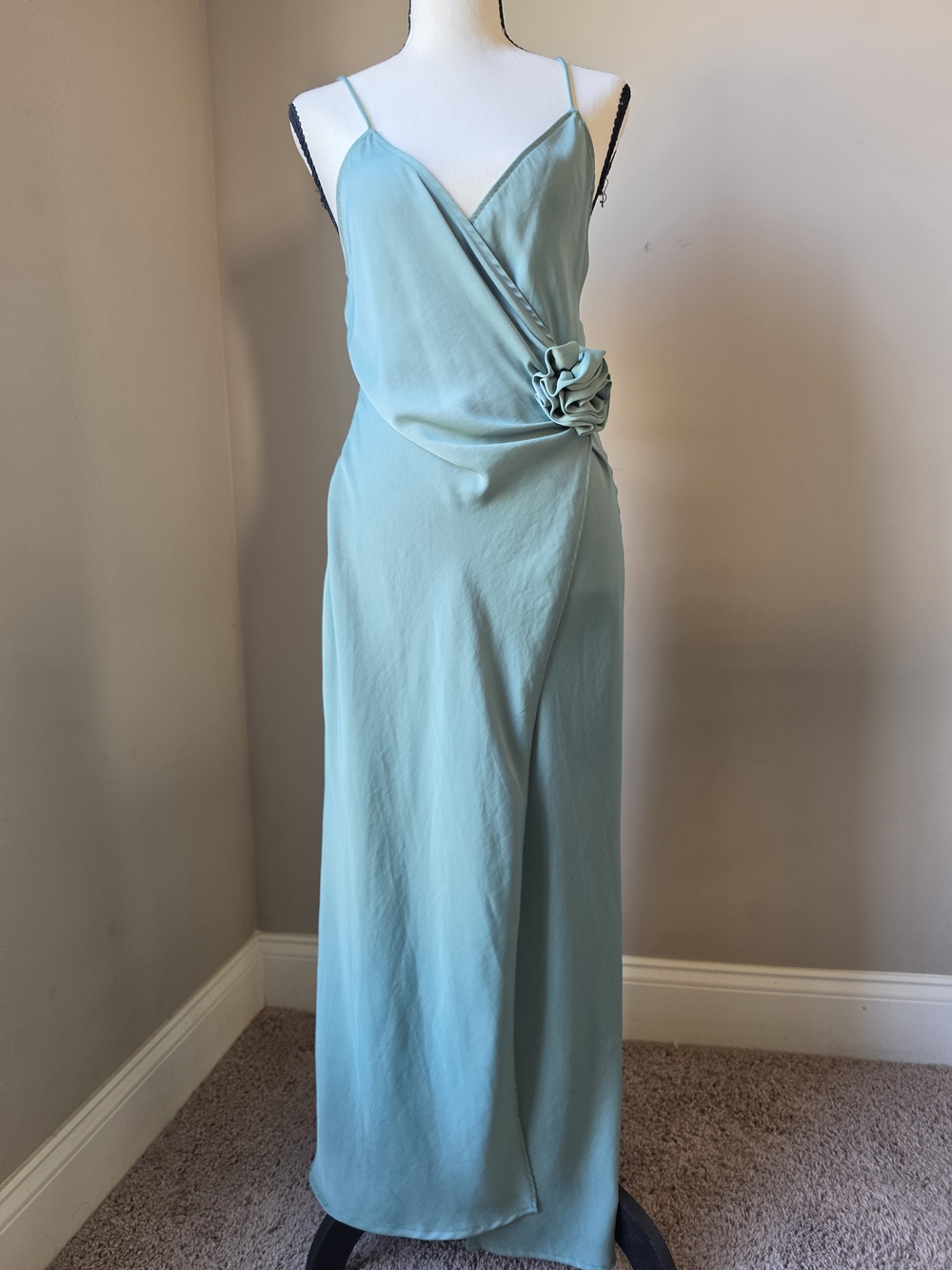 Zara Sage Green Satin Midi Wrap Dress with Flower Detail - XS NWOT